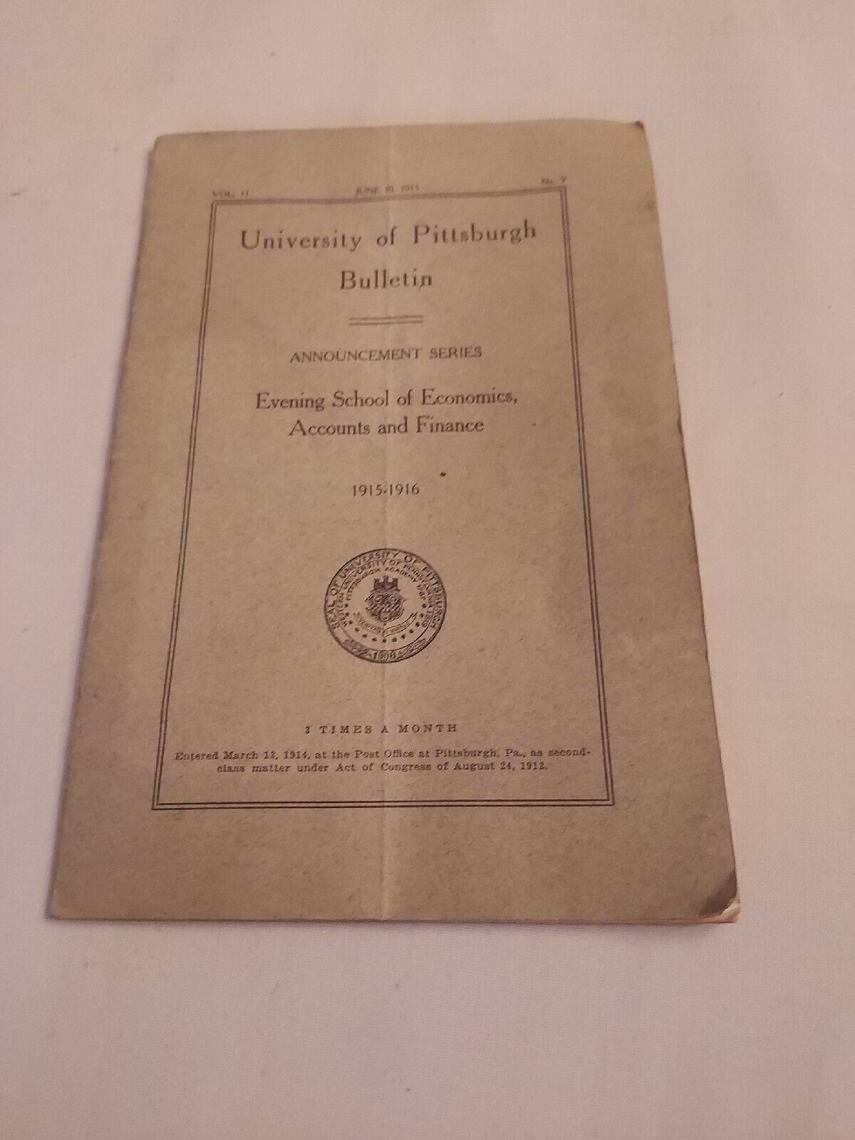 Antique 1915-1916 University Of Pittsburgh Bulletin, Evening School Of Economics