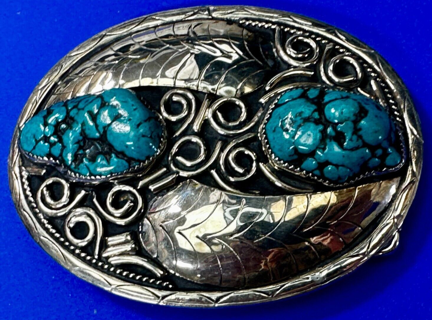 Chunky Turquoise Stones Leaf Native American Navajo Vintage Ornate Belt Buckle