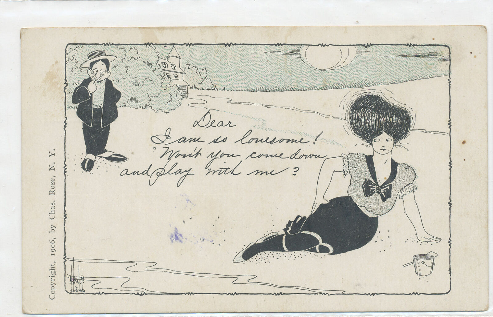 A/S - Woman on Beach - I am So Lonesome  - unposted postcard