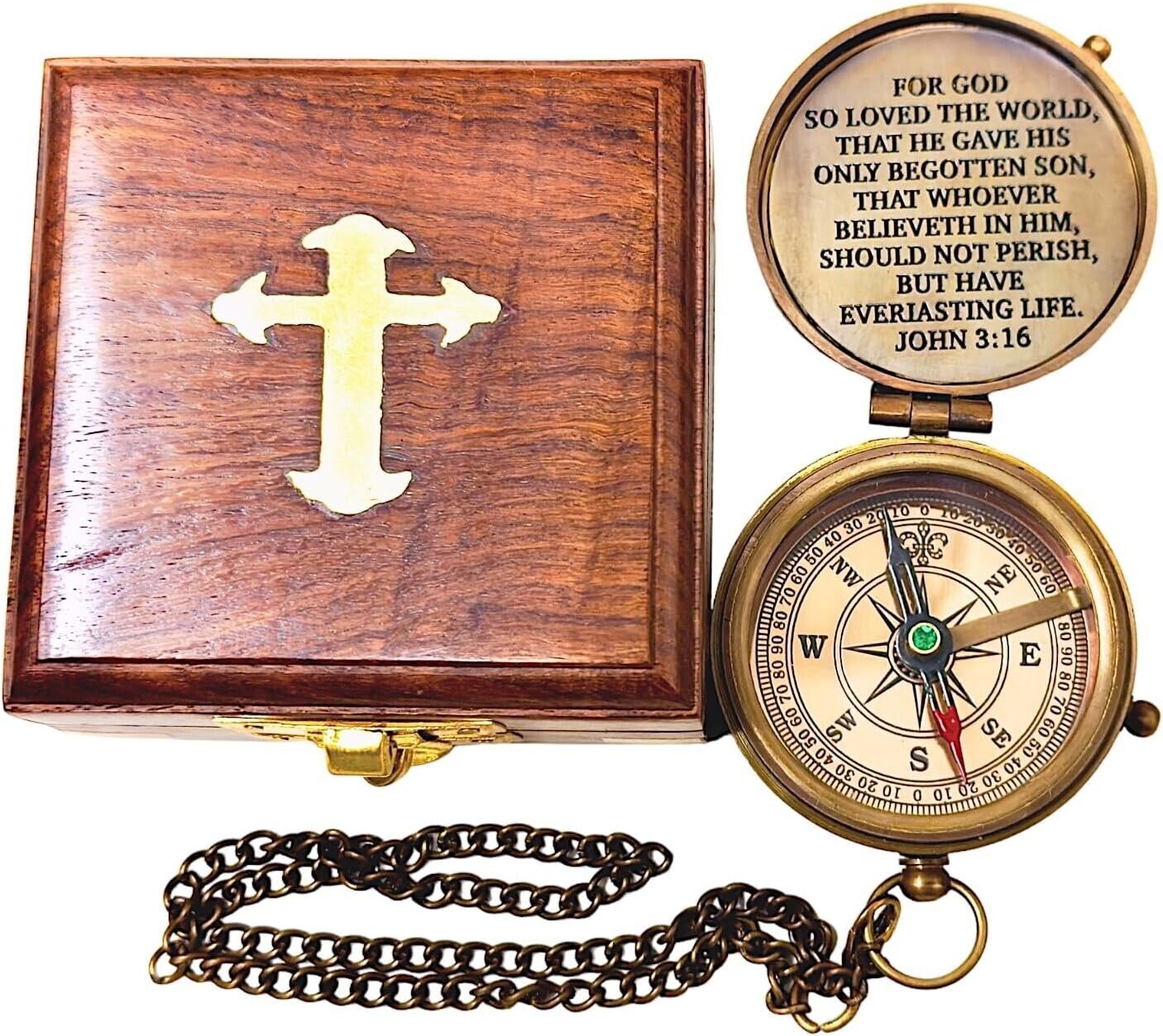 Engraved Brass Compass with Wooden Box Bible Verse Cross with John 3:16