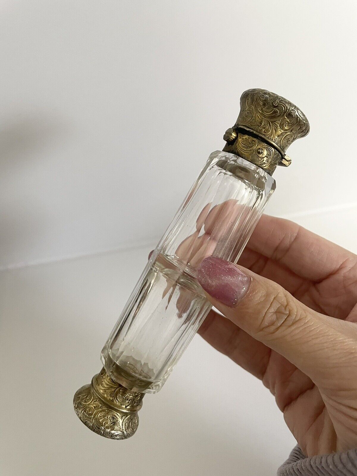 Antique Victorian Double Ended Engraving Crystal Glass Scent Bottle