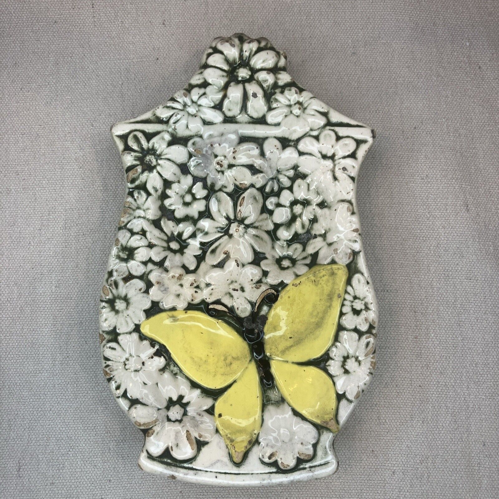 Vintage Ceramic- Yellow Butterfly Daisies Jar  Triple Spoon Rest -  Retro