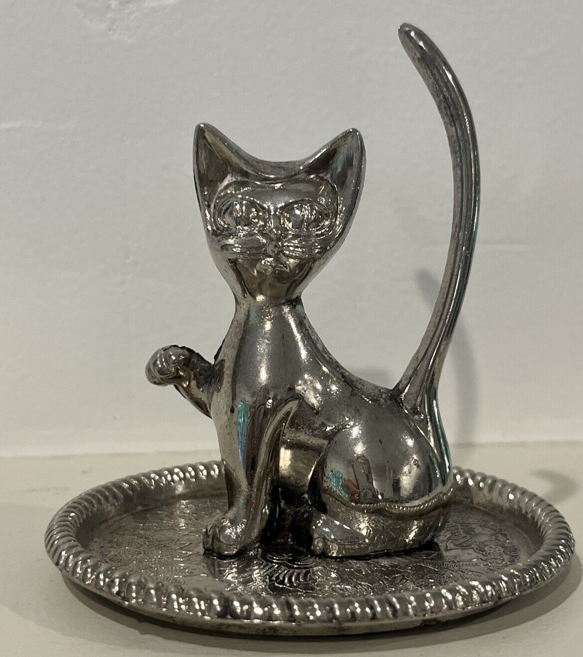 Vintage Silver Plate Cat Ring Holder Trinket Dish