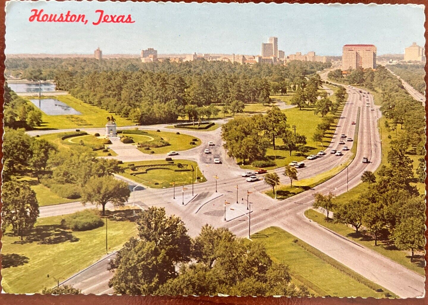 Postcard Houston Texas TX Panoramic View Hermann Park Houston Skyline Vintage PC