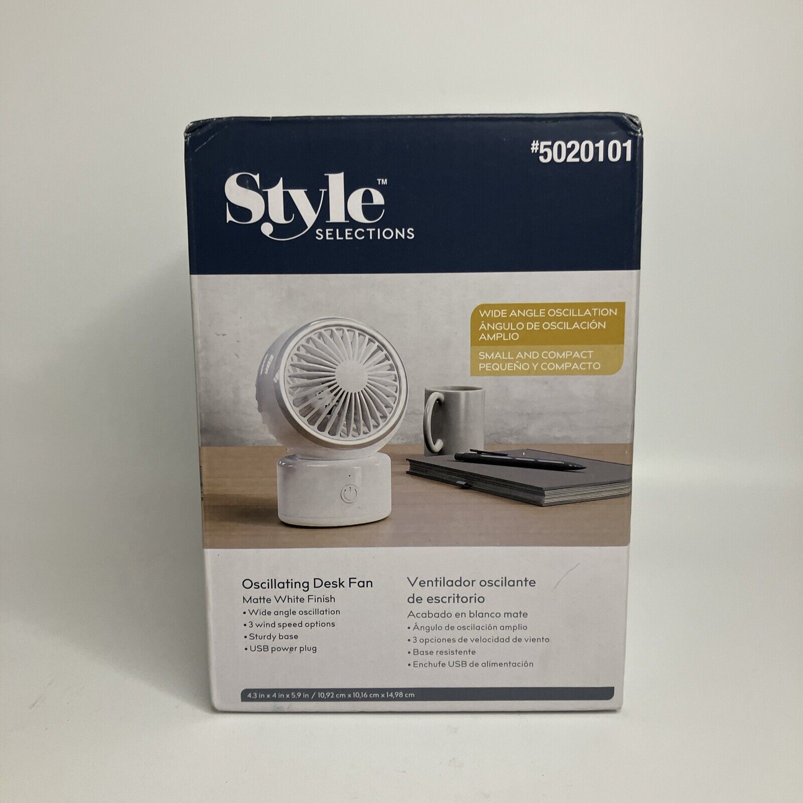 Style Selections 5020101 3 Speed Oscillating Desk Fan USB Powered 