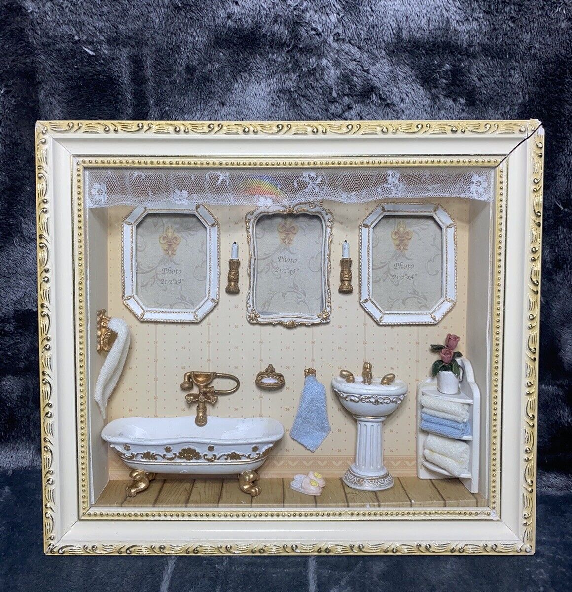 Vintage Victorian Bathroom Shadow Box Diorama Triple Slot Photo Picture Frame