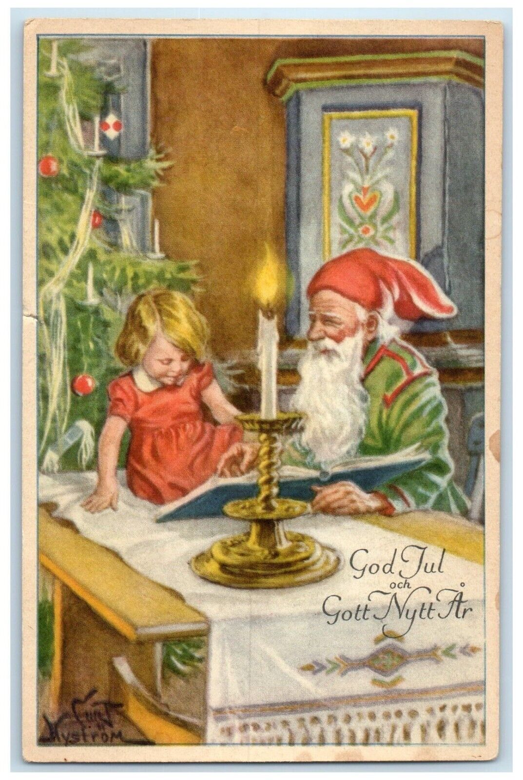 c1910's Christmas Tree Sweden Elf Gnomes With Little Girl Antique Postcard