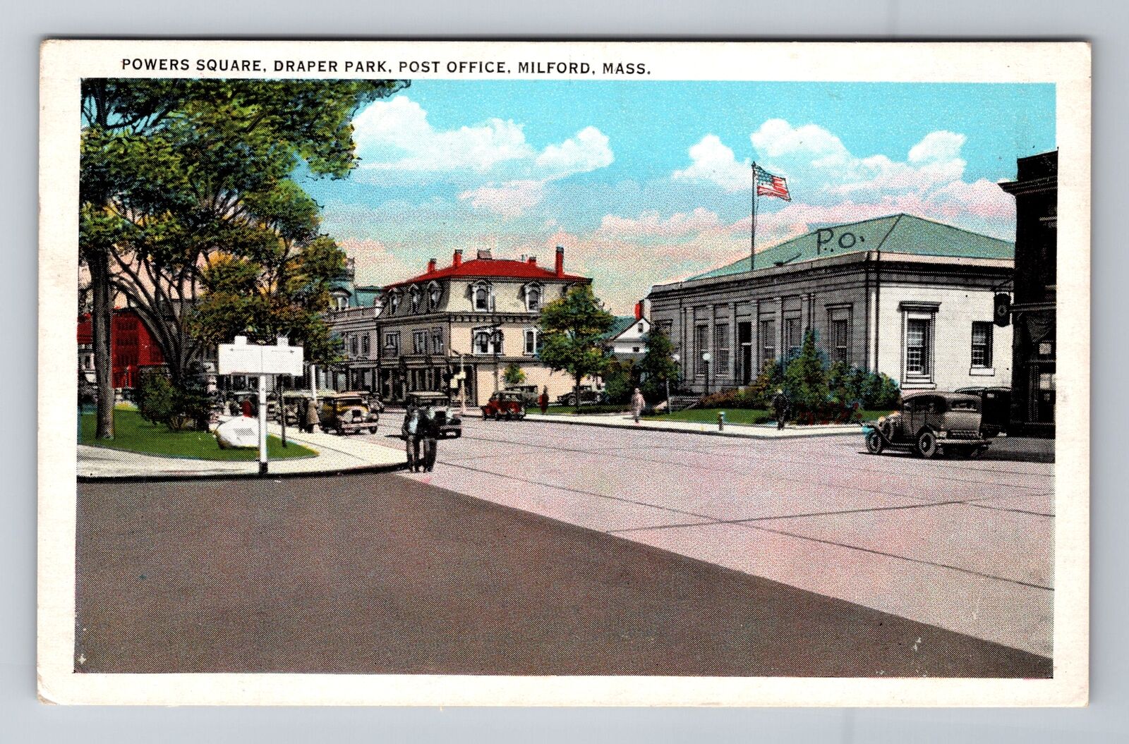 Milford MA-Massachusetts, Post Office, Powers Square, Antique Vintage Postcard