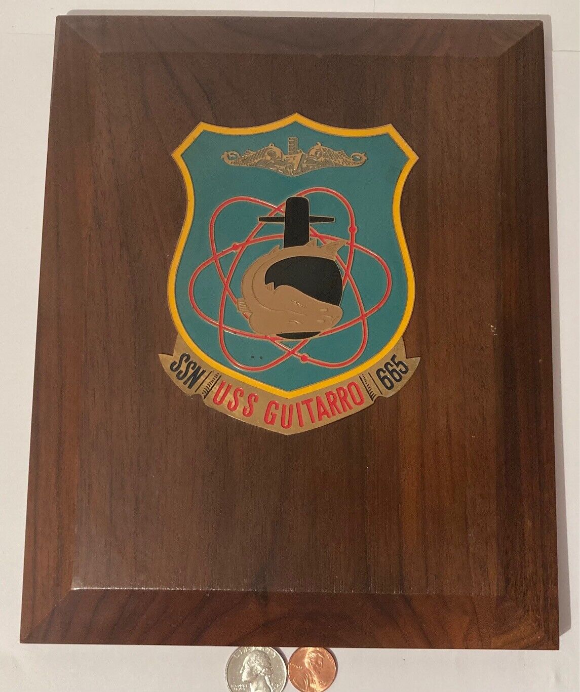 Vintage Wooden and Metal Navy Plaque, U.S.S. Guitarro SSN-665, U.S. Navy