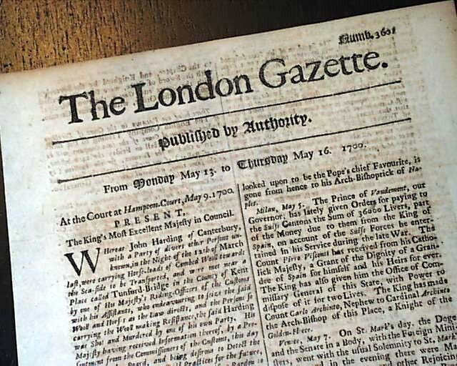 TURN of the 18th Century 324 Yrs. Old LONDON GAZETTE England RARE 1700 Newspaper