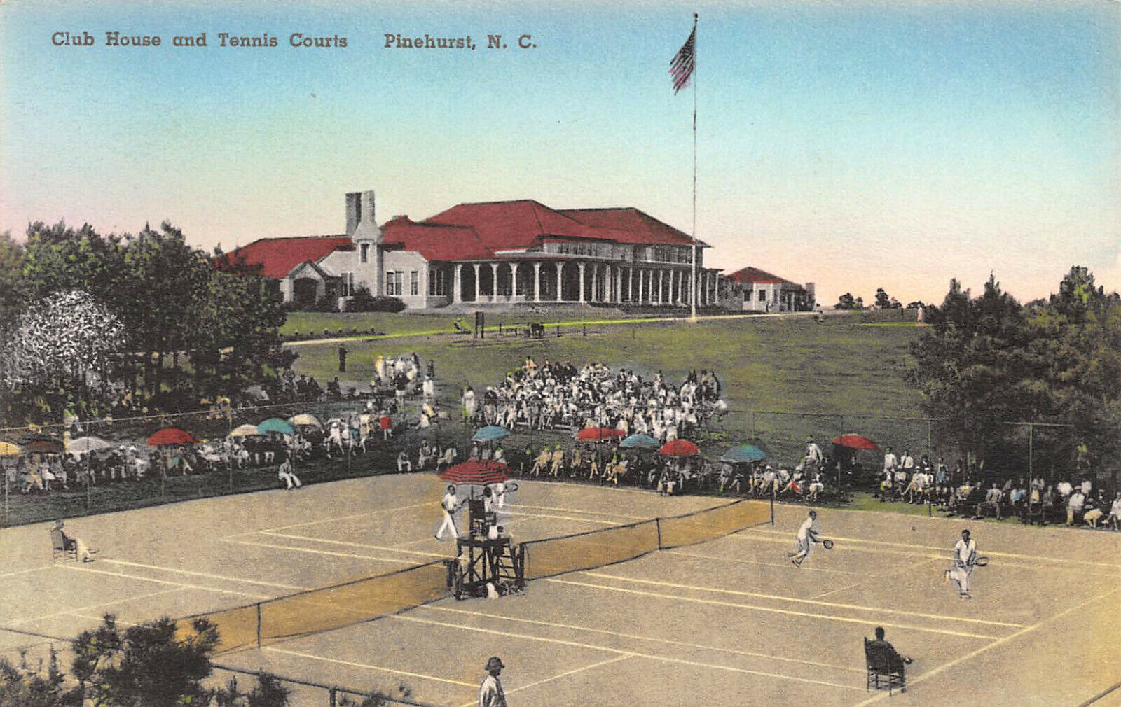 Club House & Tennis Courts, Pinehurst, NC, Early Hand Colored, Postcard, Unused 