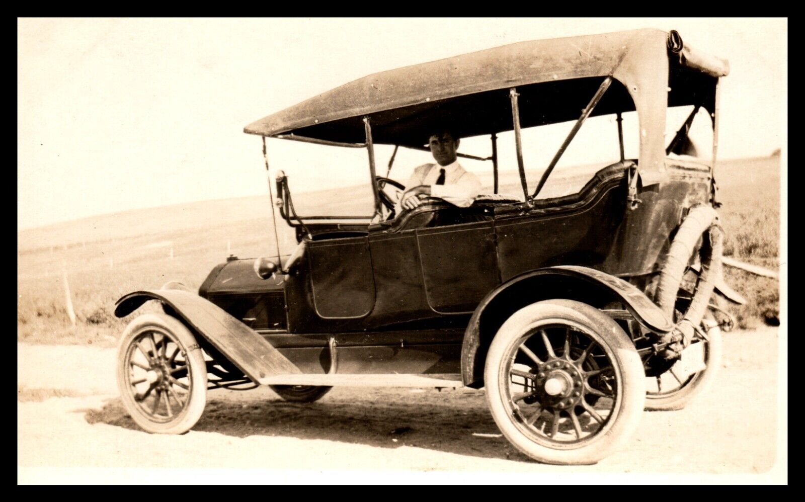 Antique RPPC Man Posing in Antique Car with Top Up Postcard