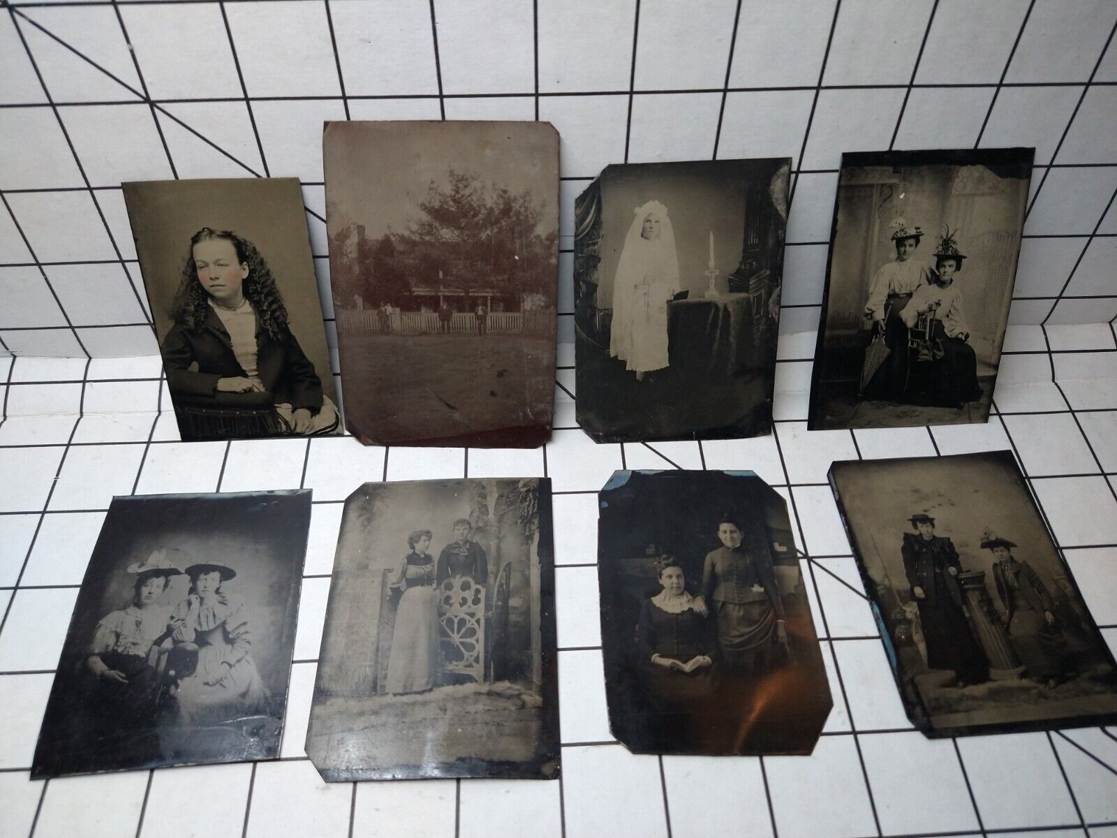 Antique Tintype Photograph Lot of 8w/ Several People - Farm Women Teenagers