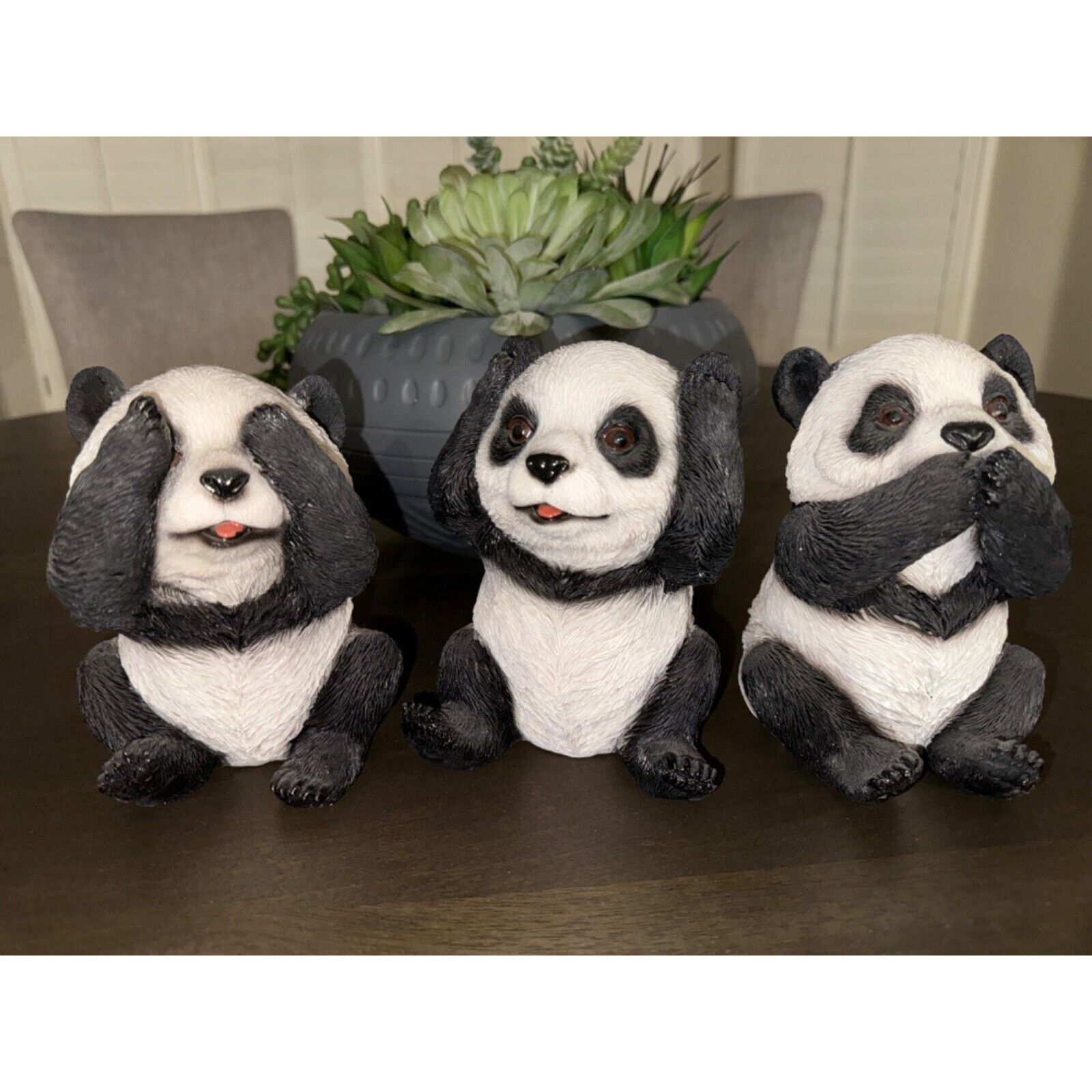 3 Sitting Panda Bear Resin Figurines Statues See Hear Speak No Evil - 5.5\