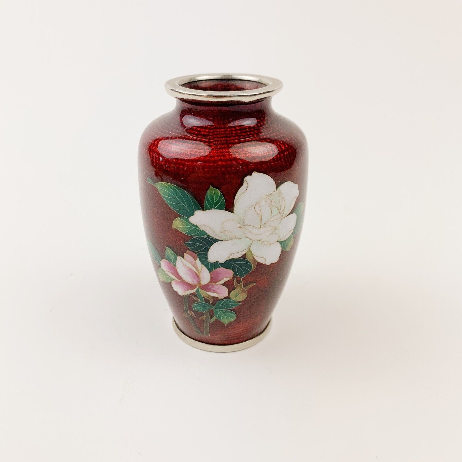 Cloisonne Sato Guilloche Enamel Japanese Small Red Flower Vase 3.75\