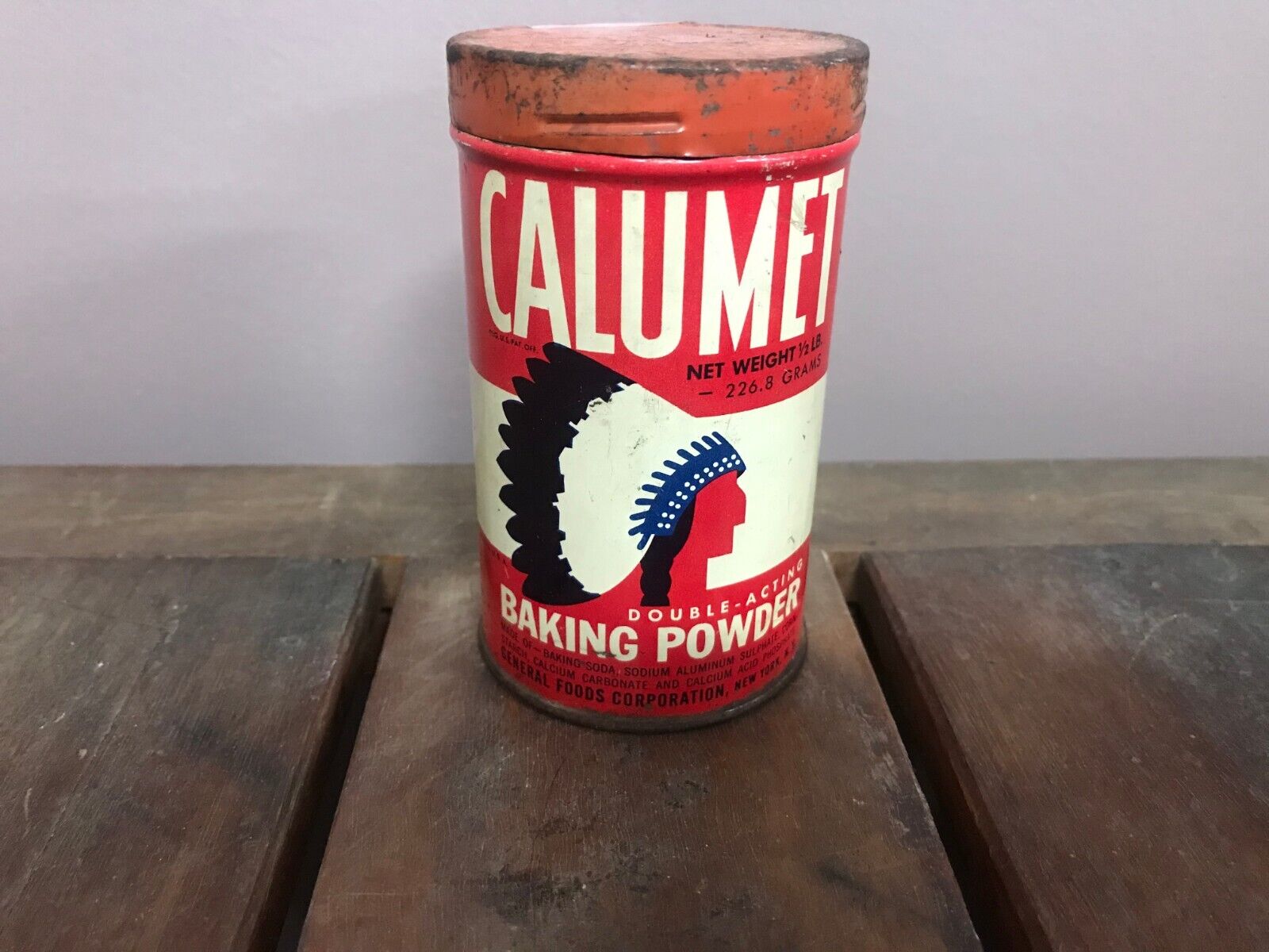 Vintage CALUMET Baking Powder Metal Tin Can with Lid -Headdress Design