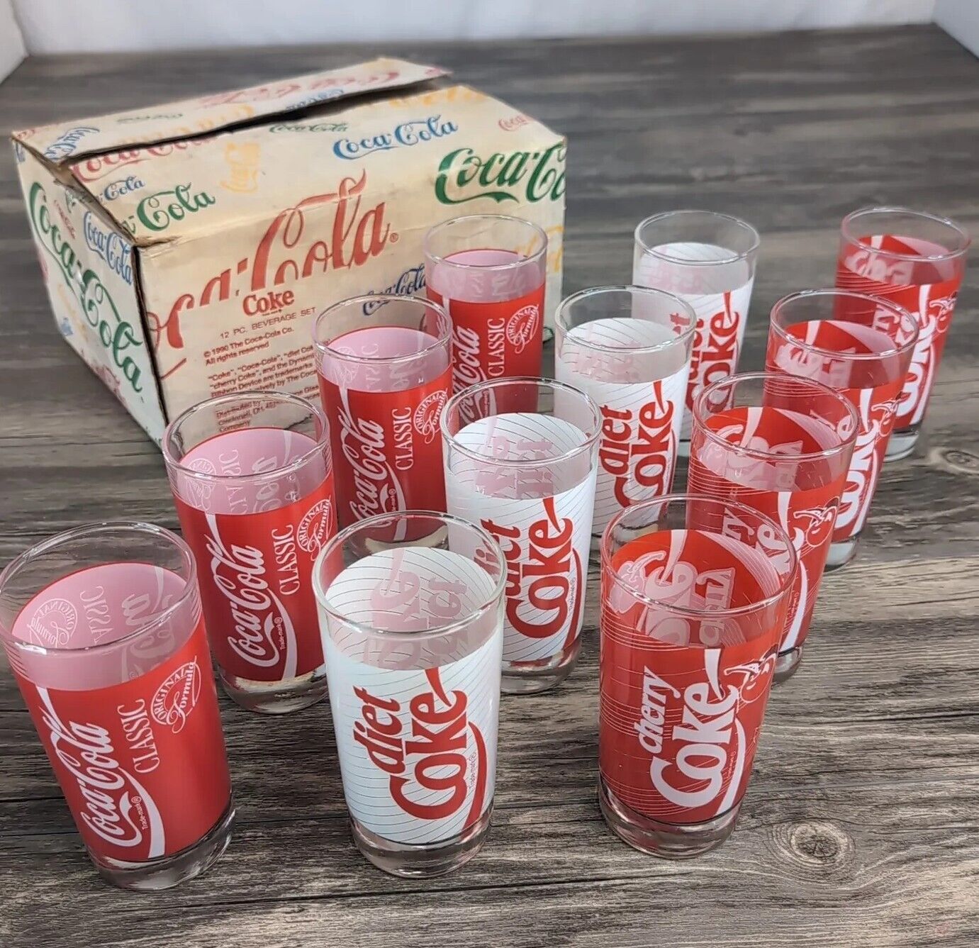 Vintage 90\'s Coca Cola 12 Glass Set 12 oz Cherry, Classic, & Diet Coke Tumblers 