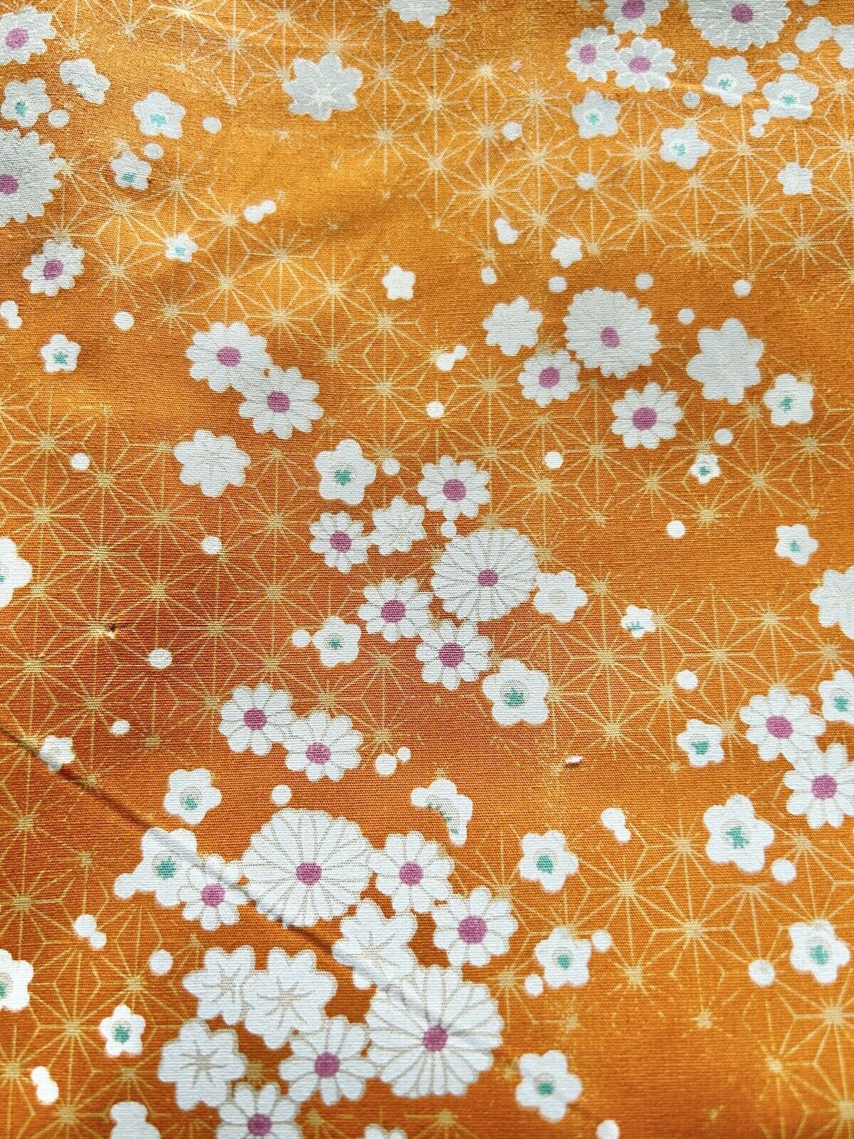 Vintage Cotton Fabric Orange White Flower Power Daisies 67\