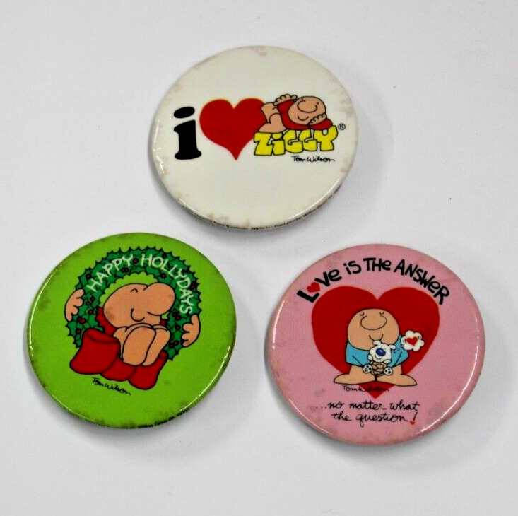 Lot of 3 Vintage 1980s ZIGGY Pin Back Buttons Happy Holidays Love is the Answer