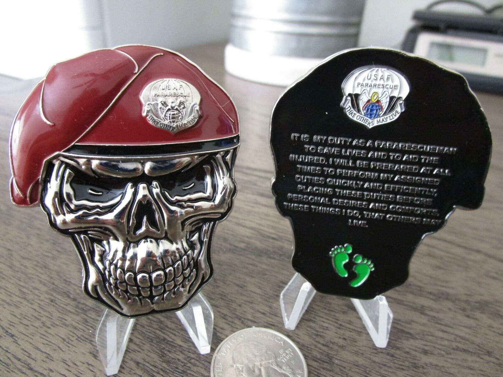 USAF Special Forces Pararescue Creed PJ s Maroon Beret Skull Challenge Coin