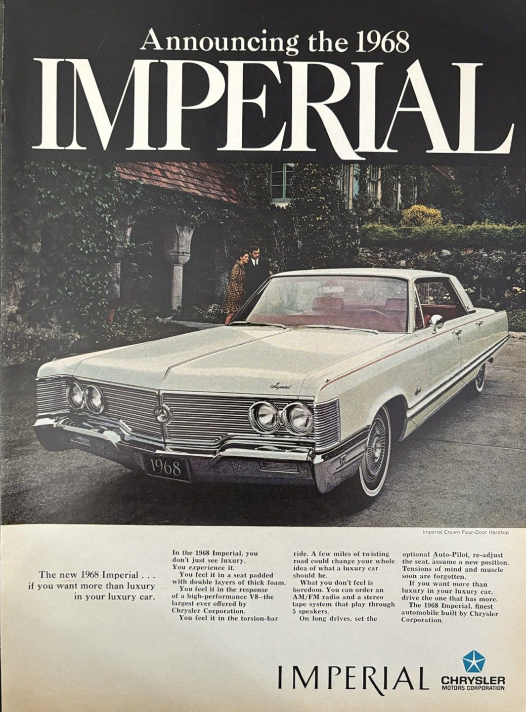 Chrysler Imperial Crown 4 Door Chrysler Motors corp Vintage Print Ad 1968