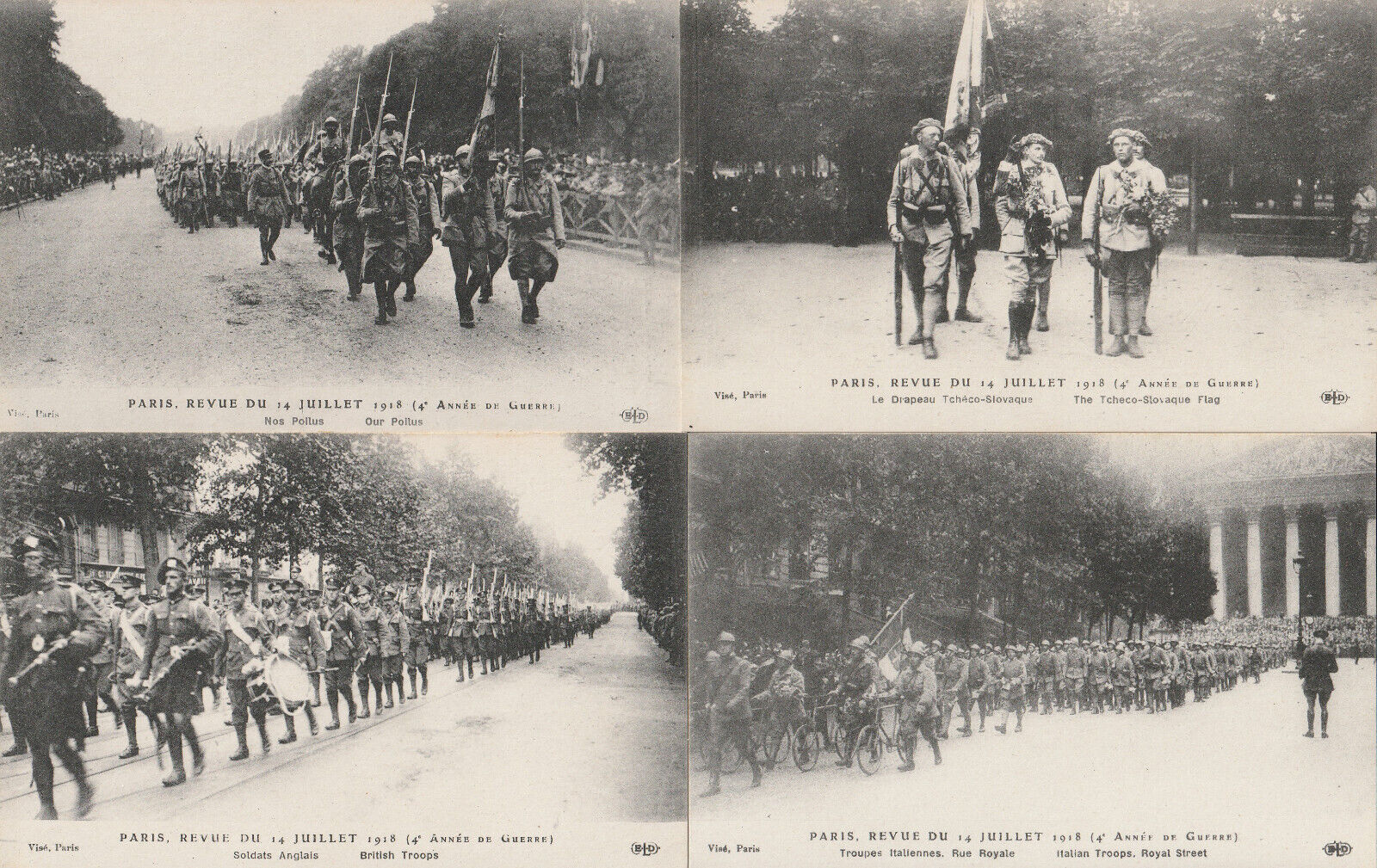 75 lot 4 CPA PARIS REVUE DU 14 JULY 1918