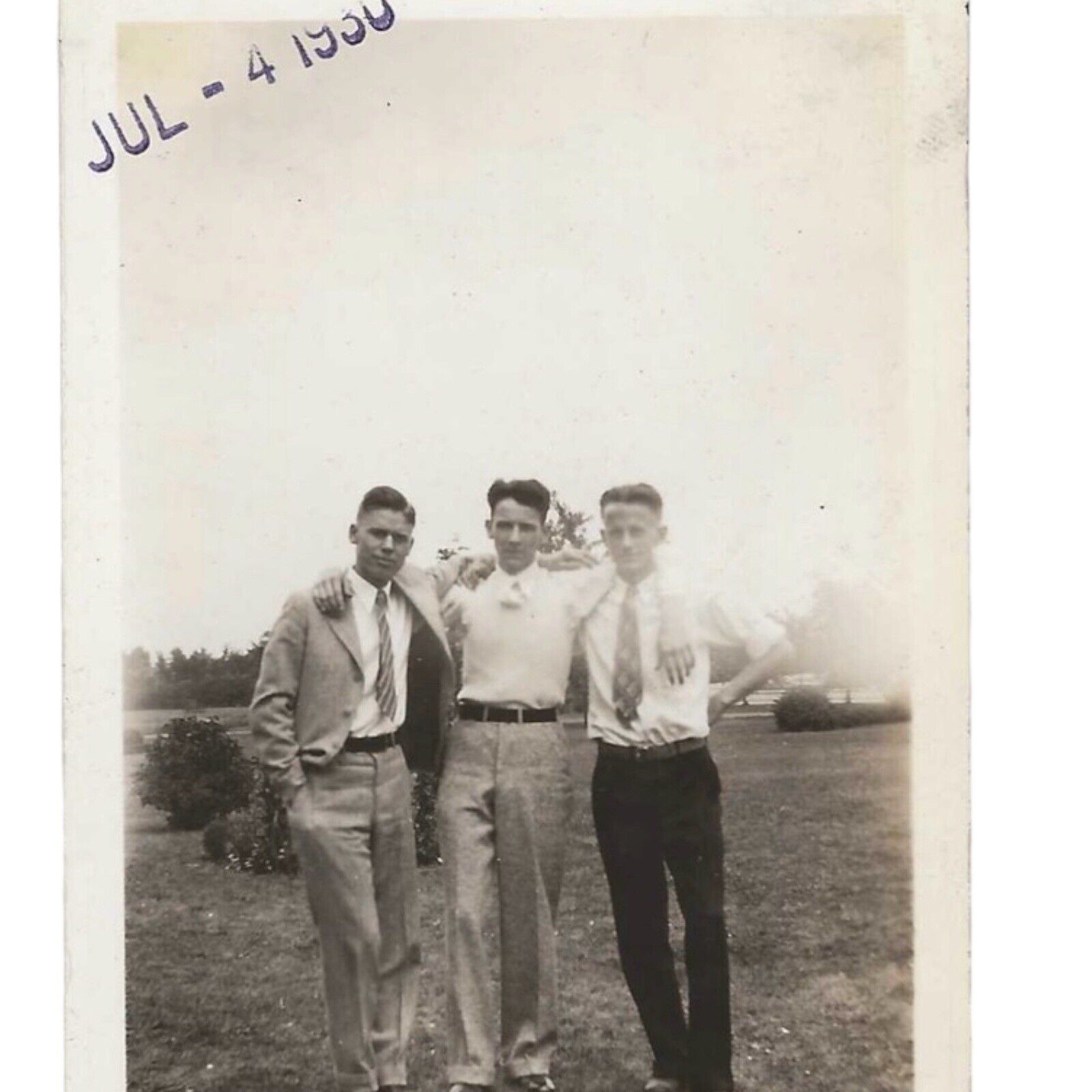 Vintage Snapshot Photo Three Men July Fourth 1930 Identified Affectionate Pose