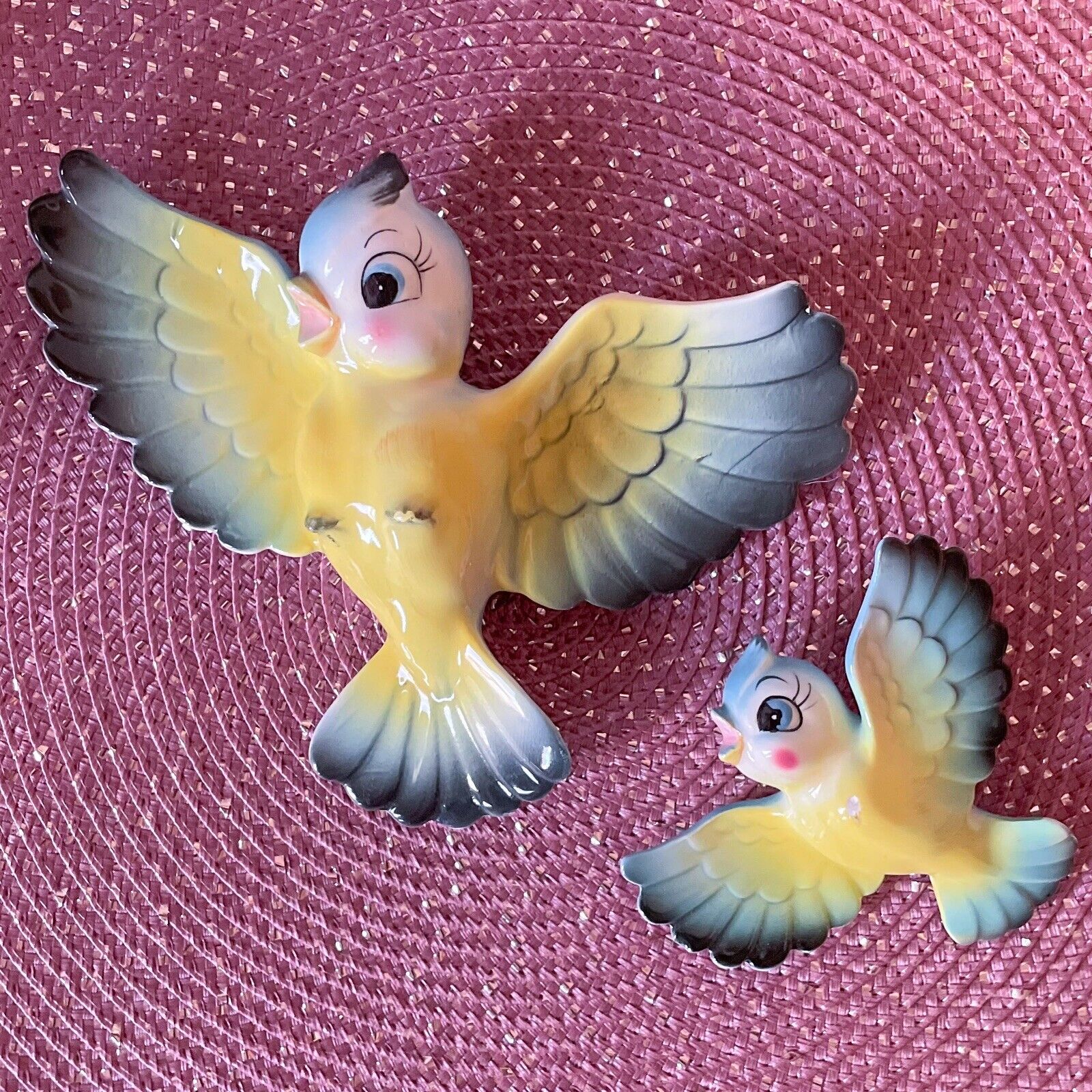 Vintage Norcrest Lefton Mother and Baby Bird Wall Plaques