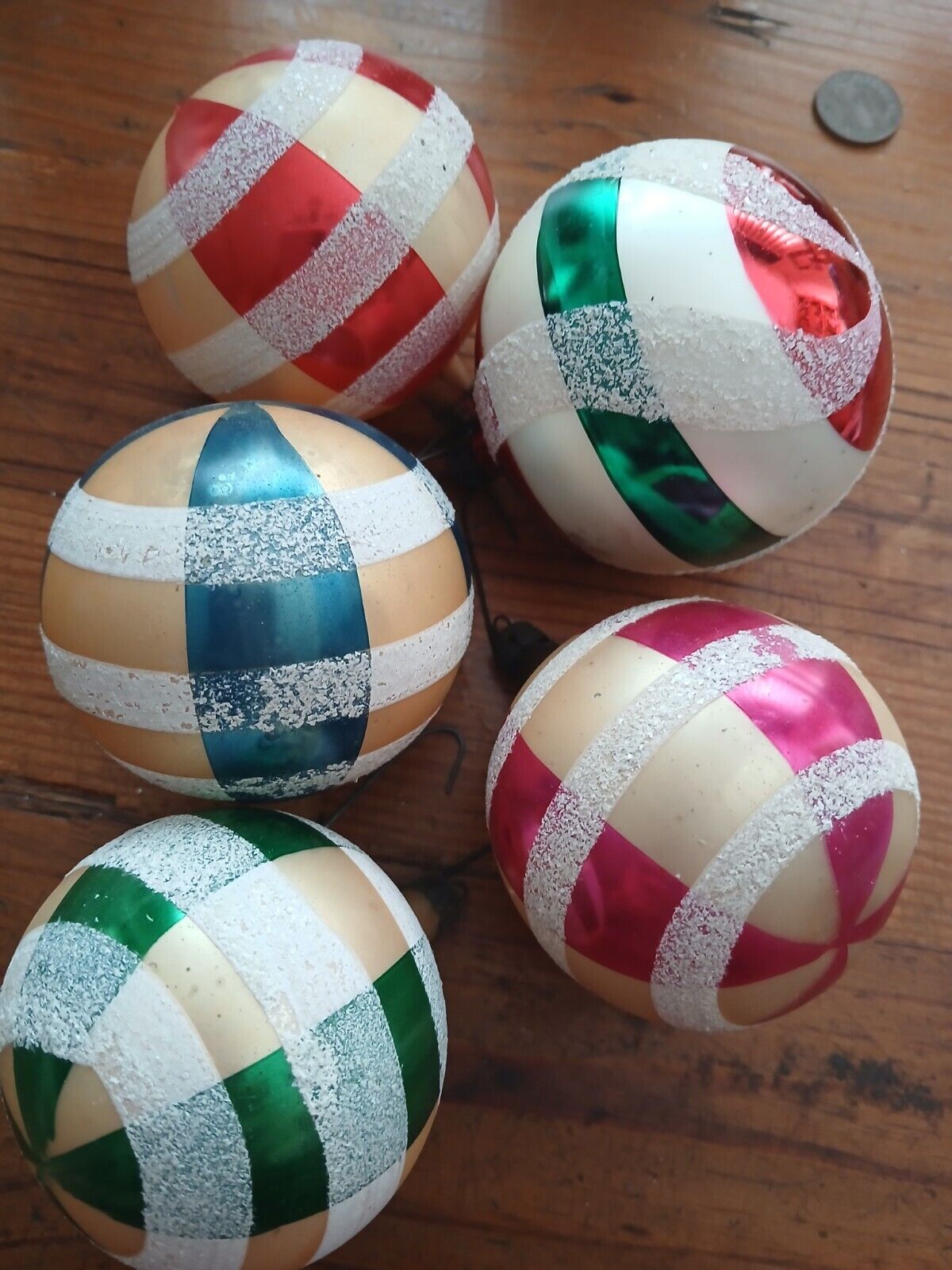 5 Vtg  Colorful Mica Beach Ball Glass CHRISTMAS ORNAMENTS POLAND  3 in 