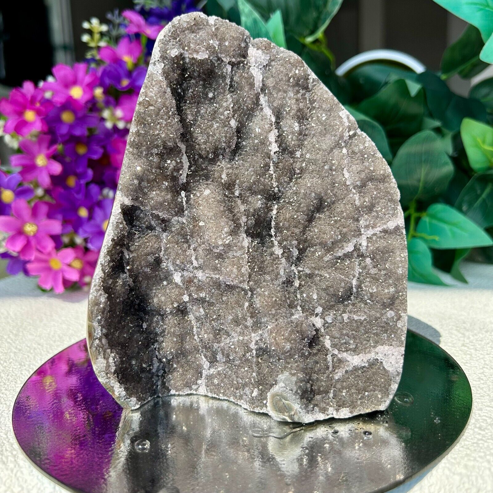 Natural Gray Amethyst Cluster  Quartz Healing Crystal Cluster Cut Base Display