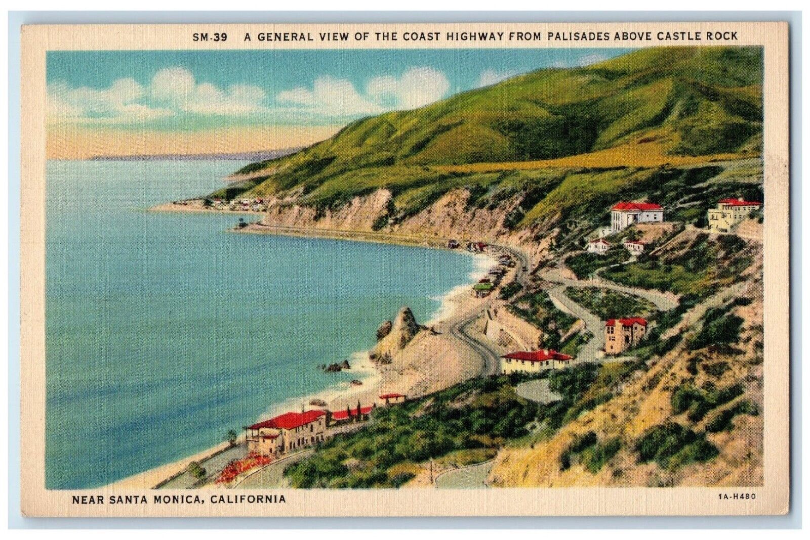 c1940\'s Aerial View Coast Highway Palisades Castle Rock California CA Postcard