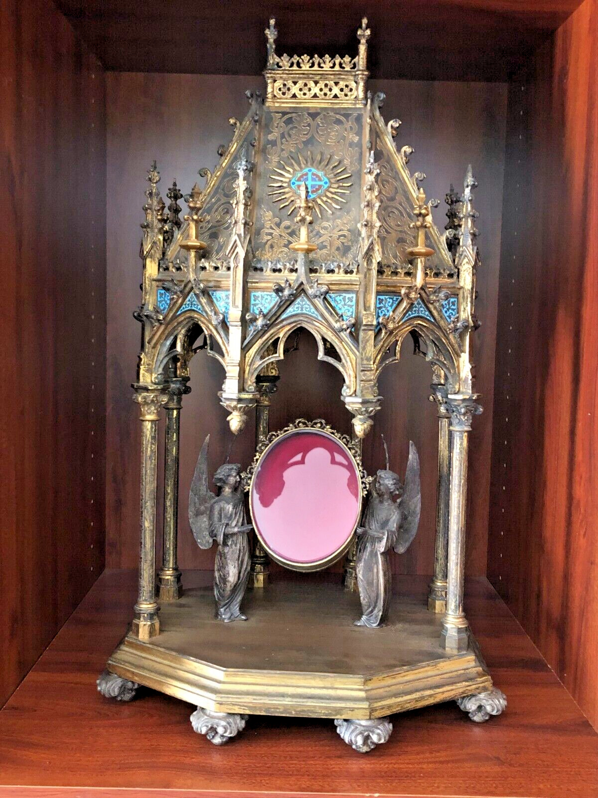 Important French Antique Bronze and Champlevé Enamel Gothic Shrine Circa 1800.