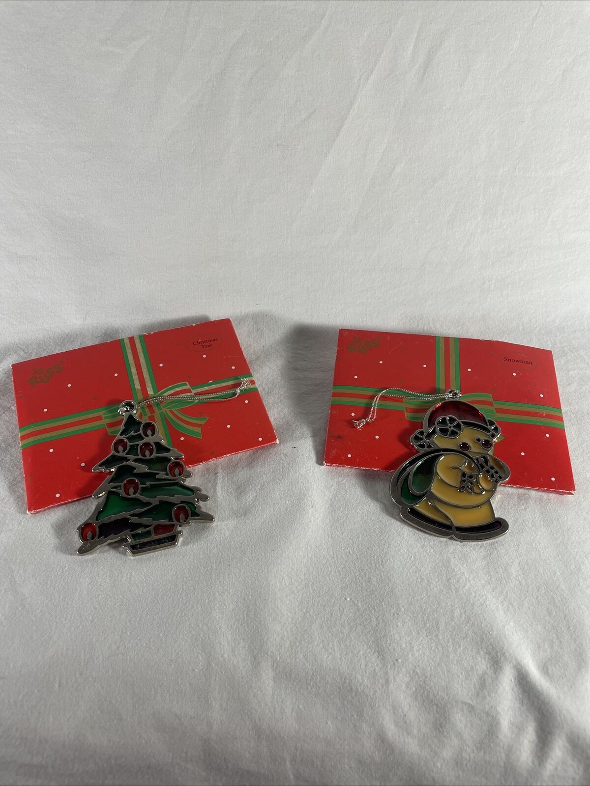 Vintage Russ Berrie & Co.  Ornaments Stained Glass Xmas Theme ~ Lot of 2