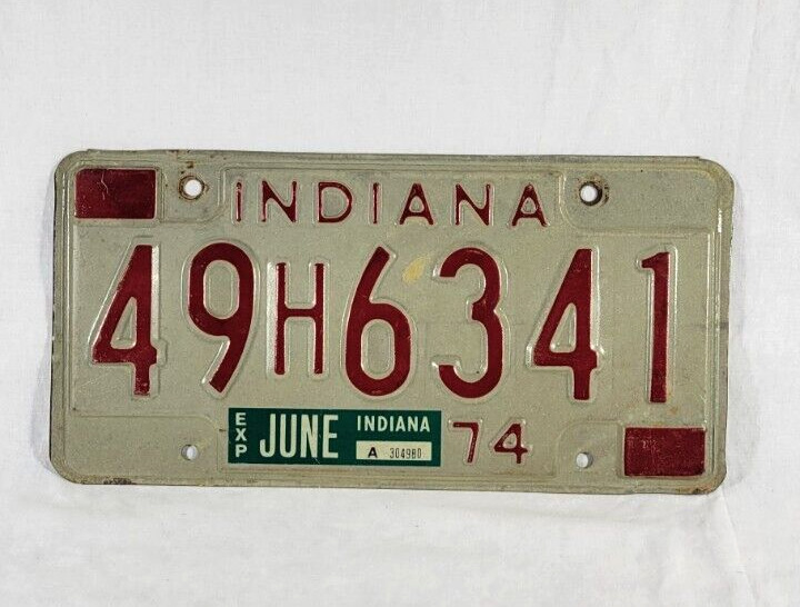 Vintage 1974 Indiana License Plate Red Check Expired 49H6341 Man Cave