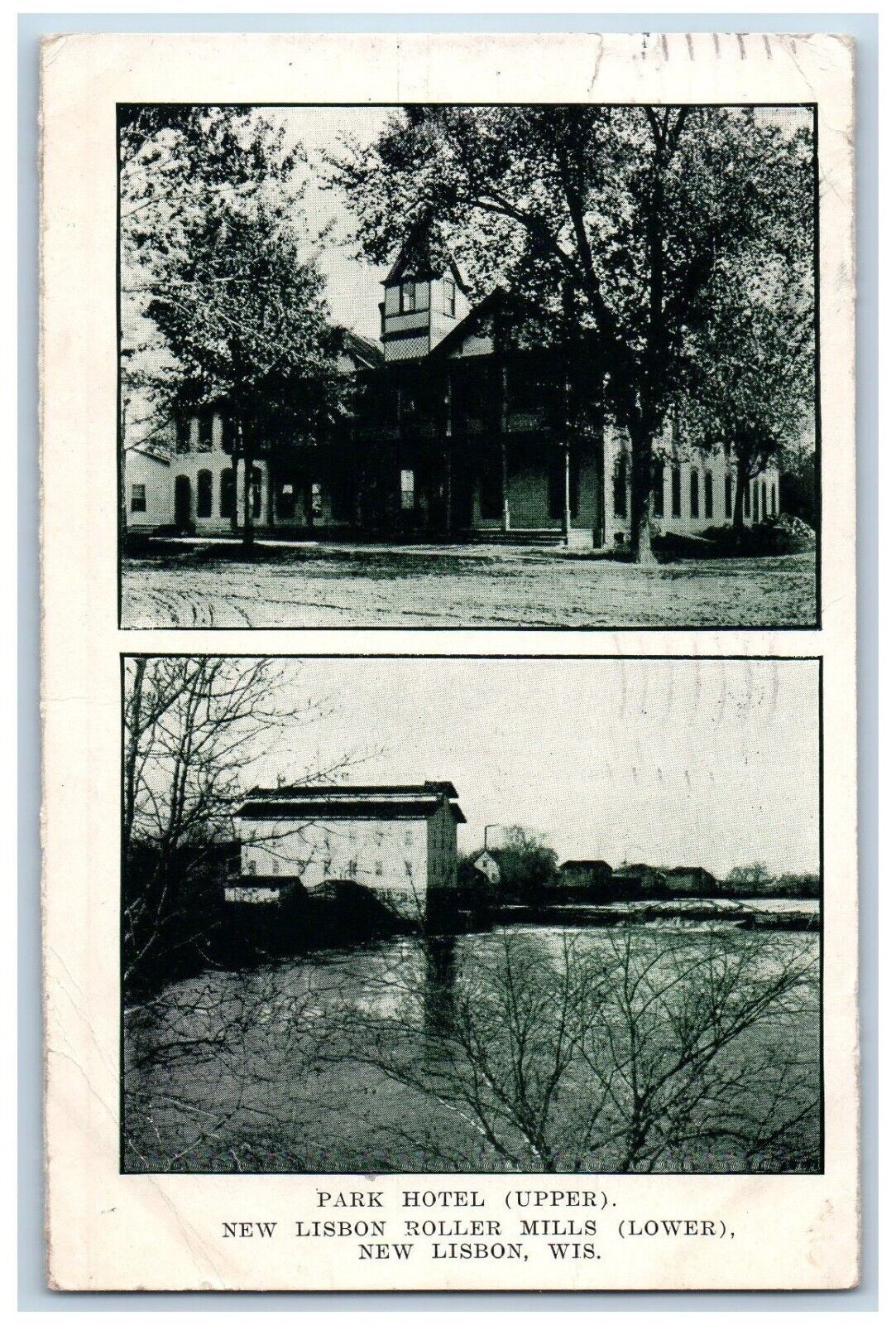 New Lisbon Wisconsin Postcard Park Hotel Roller Mills Lake 1910 Vintage Antique