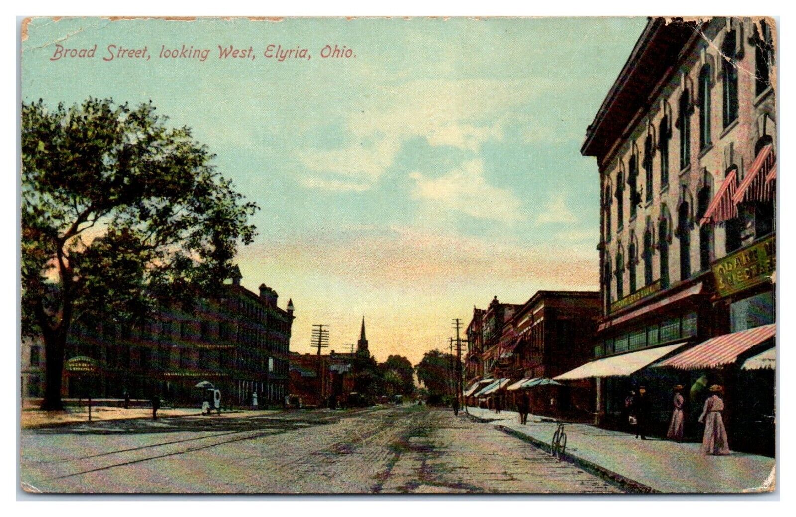 Elyria Ohio Broad Street looking West Postcard 1913 Cleveland News *DAMAGED*