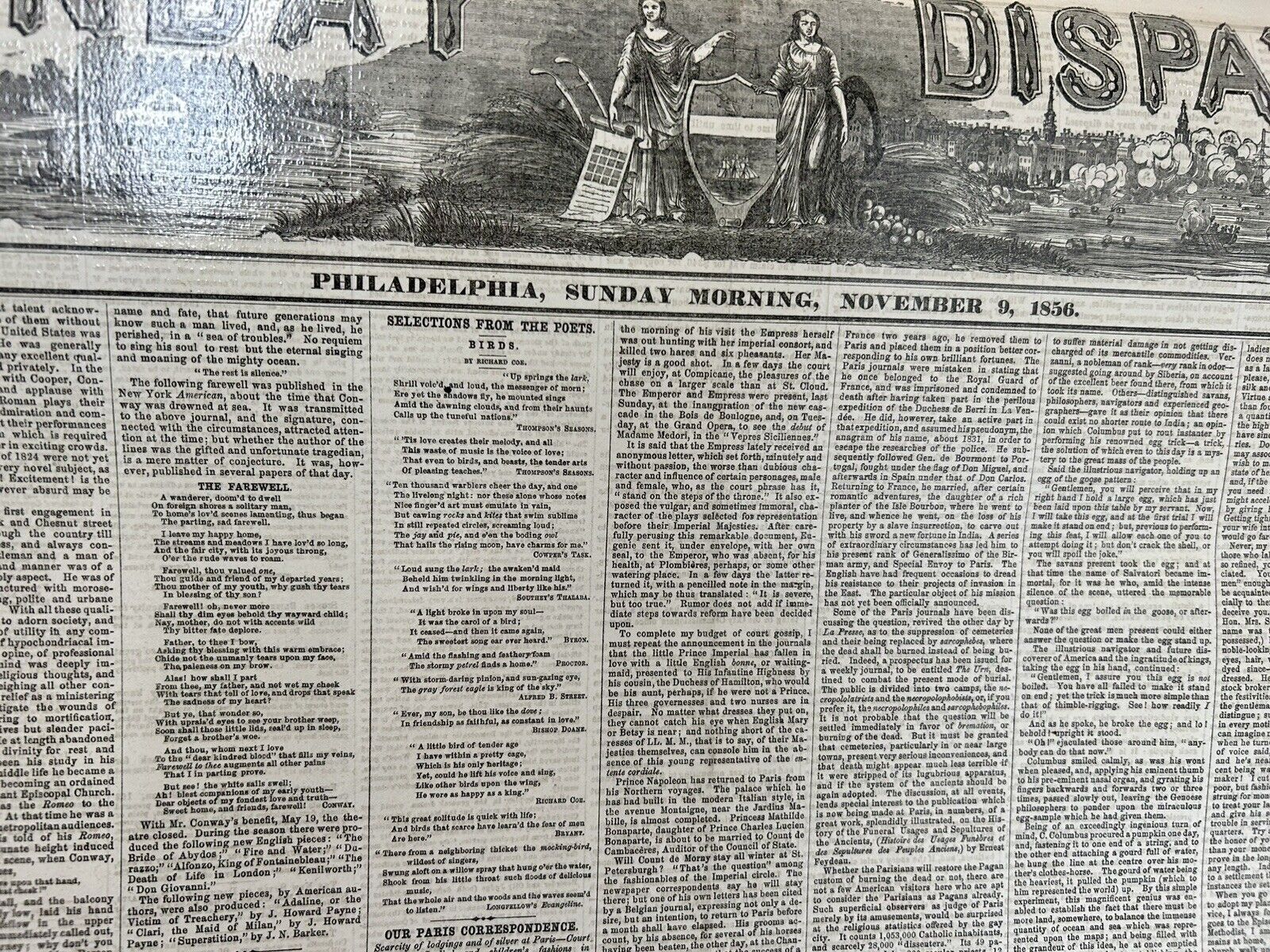 Antique Laminated Philadelphia Newspaper 1856 Vol. IX No. 28
