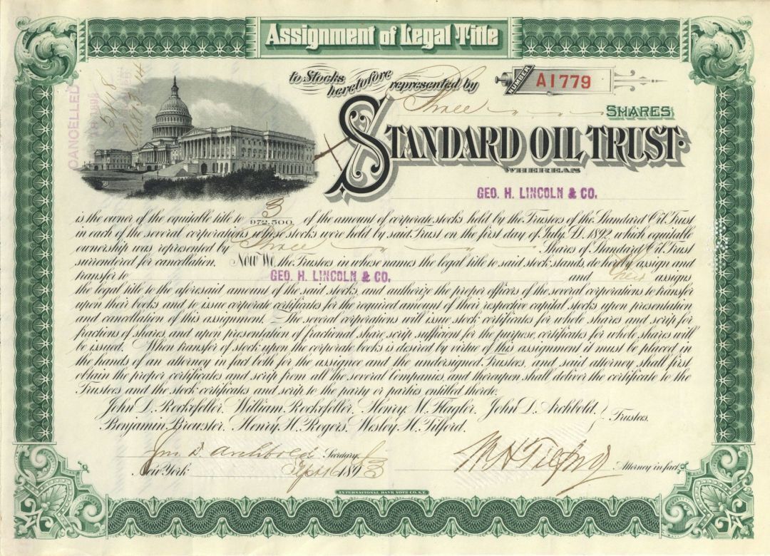 Standard Oil Trust Stock signed by John Dustin Archbold and Wesley Hunt Tilford 