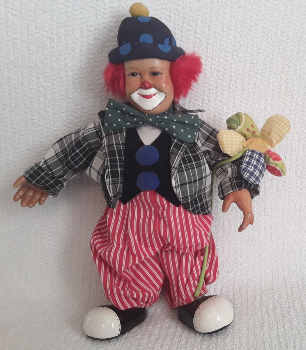 Porcelain Vintage Standing Clown Doll Figurine Lillian Vernon Cloth Body Toy 15”