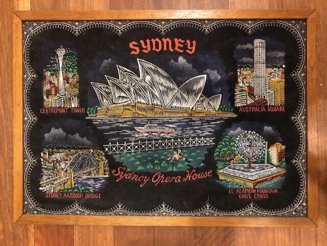 Vintage black velvet painting, souvenir of Sydney framed