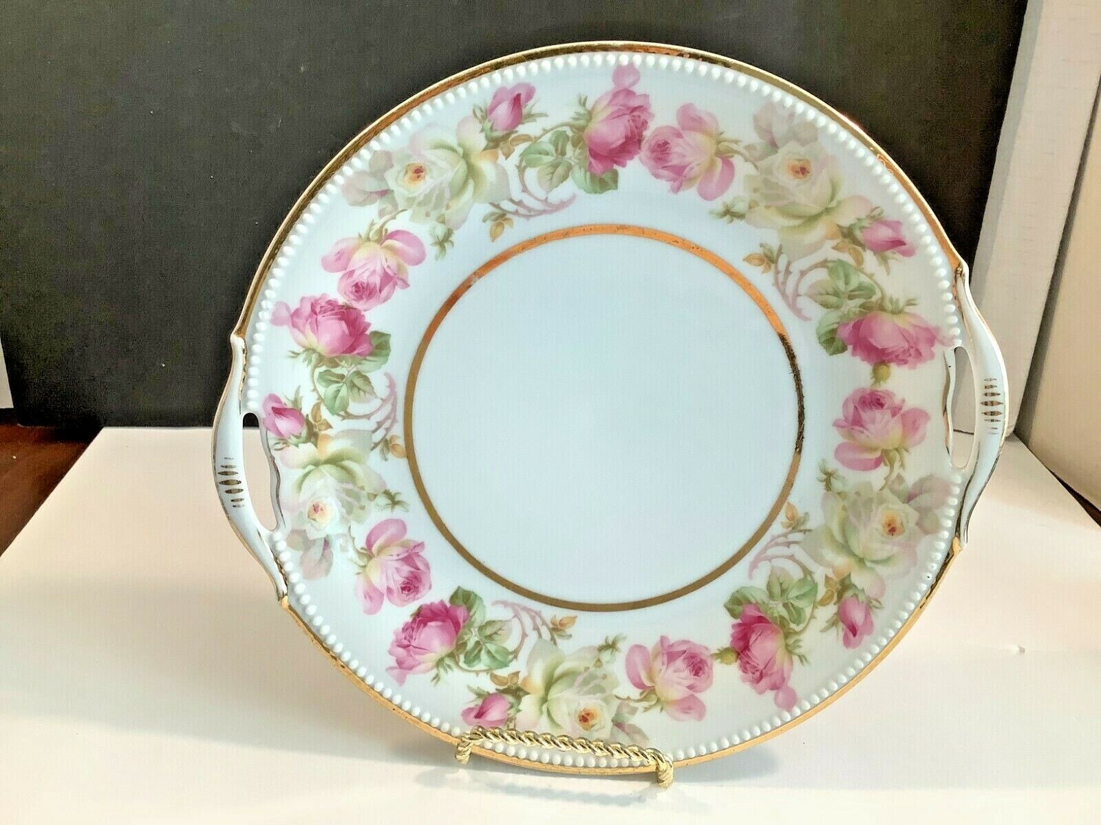 Vintage PK Silesia Decorative Plate Porcelain Pink White Roses White Gold Trim