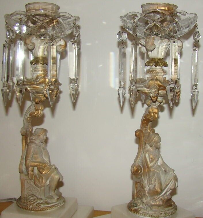 PAIR Hollywood Regency GIRANDOLE PRISM Figural Marble Bronze CANDLE HOLDERS