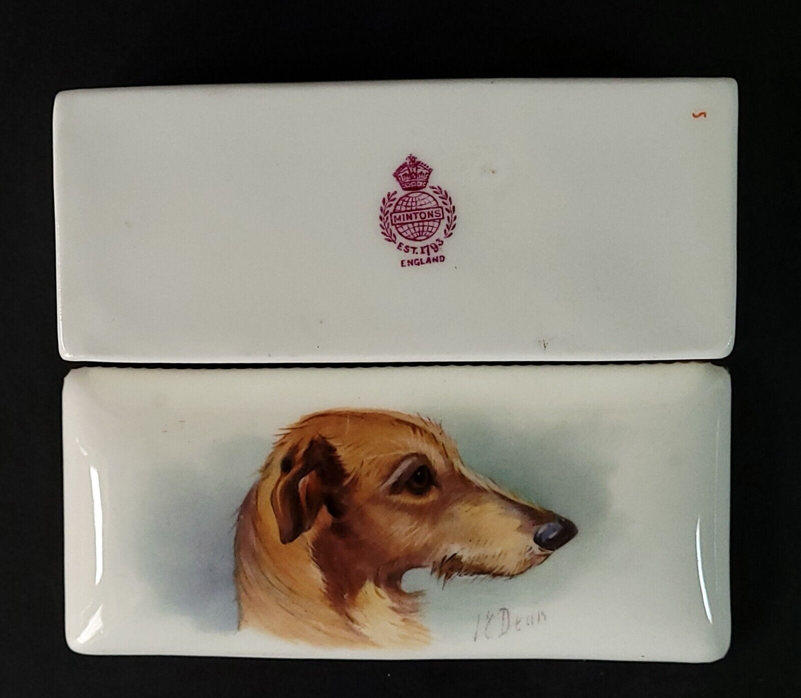 Minton Bone China Box and Cover, Dog decoration Signed by James Edwin Dean