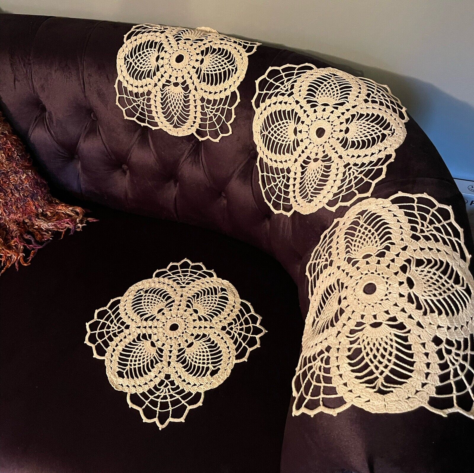 Set Of 4 Handmade Vintage Square Pineapple Doilies 10” Crochet Farmhouse Shabby