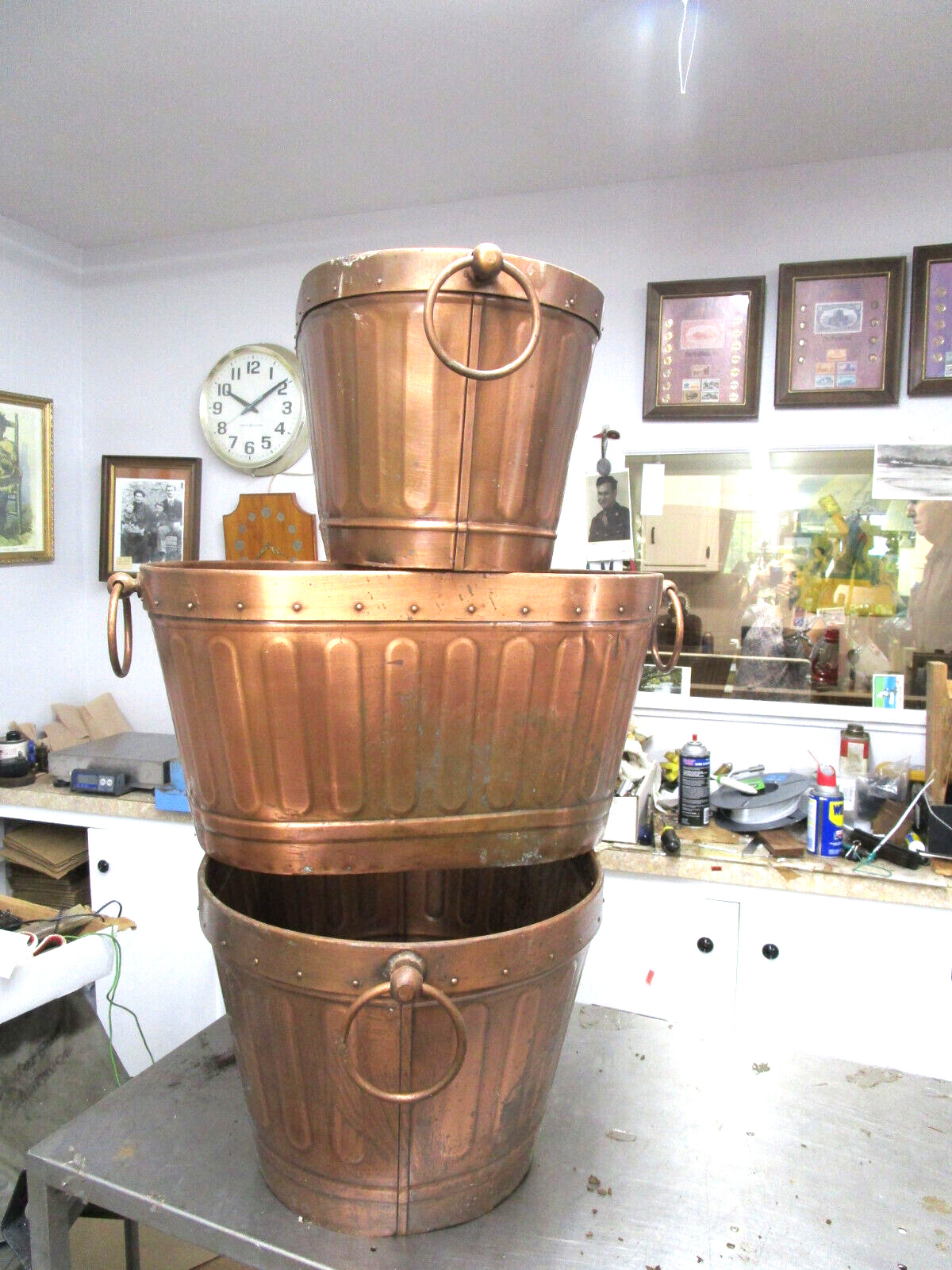 Set of 3 Vintage Large Oval Copper Planters/Pots with Handles