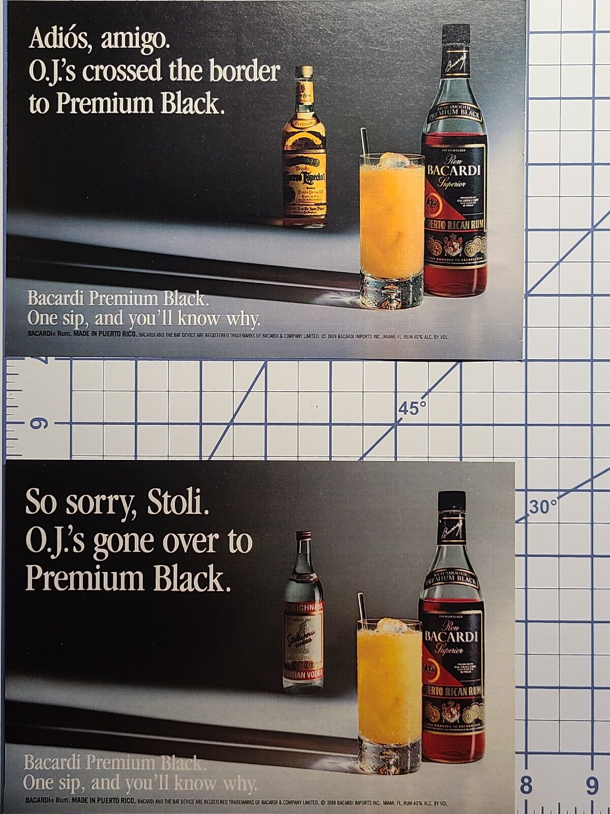 Pair of Bicardi Premium Black Rum Orange Juice Vintage Print Ad 1989 **Descr**