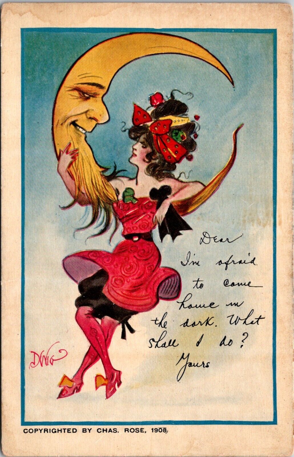 1900s Romance Postcard Woman Embracing The Moon Charles Rose 1908 D.W.G. Artist