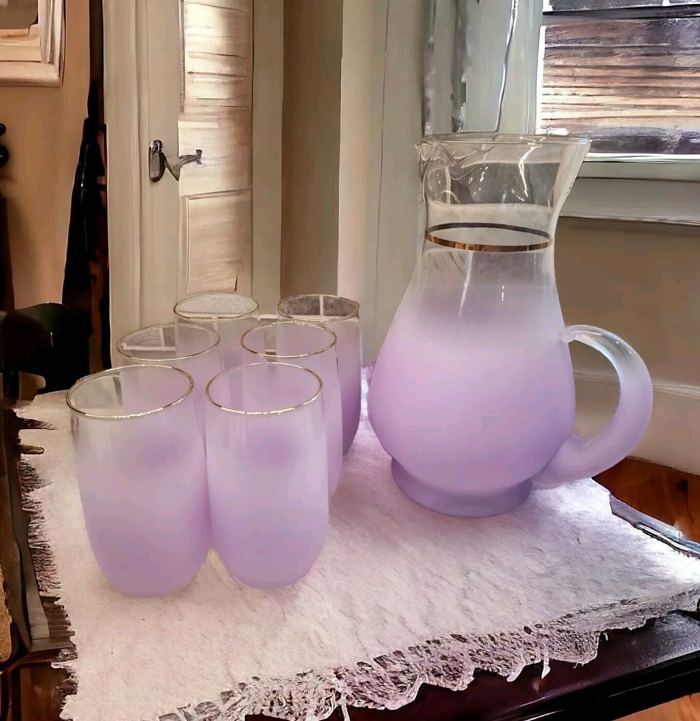 Vintage West Virginia Glass Mid Century Blendo Orchid Pitcher & 6 Glasses Set. 