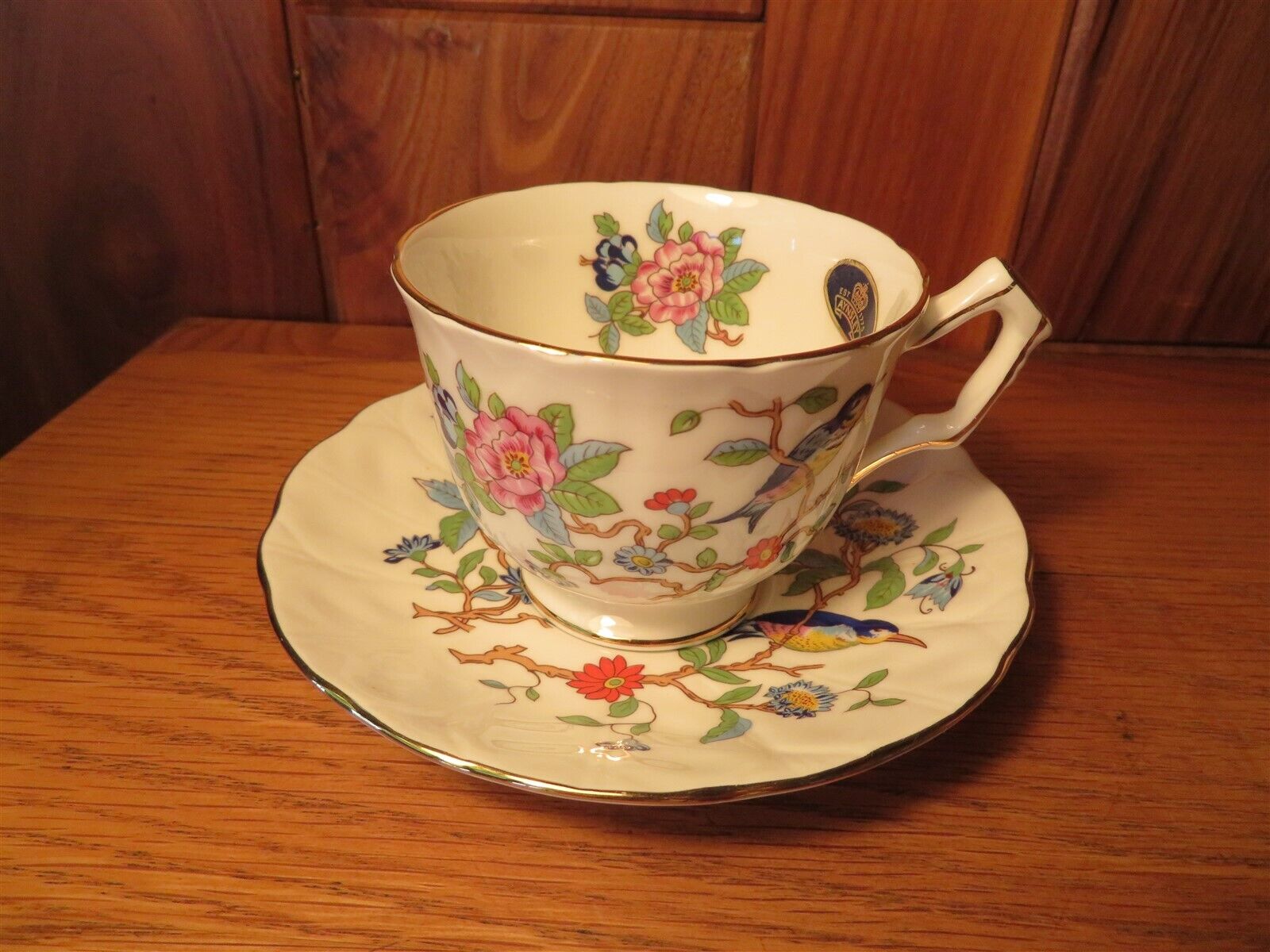 VINT ENGLISH AYNSLEY PORCELAIN CUP/SAUCER SET - BIRD IN PEONY FLORAL W GOLD