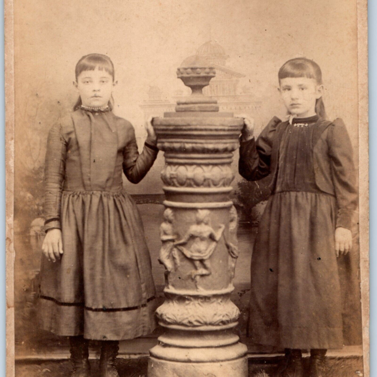 c1880s Two Cute Little Girls Fancy Pillar Cabinet Card Photo Bowl Cut Bangs B21